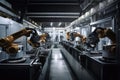 view of robotic arms and mechanical hands assembling complex machines