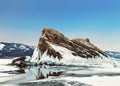 View of rock Elenka on a sunny winter day. Lake Baikal, Olkhon island. Eastern Siberia,