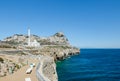 View of the rock of Gibraltar and the Ibrahim-al-Ibrahim Mosque King Fahd bin Abdulaziz al-Saud Mosque from Europa Point promena Royalty Free Stock Photo