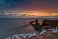 View of the rock `Lange Anna` with northern gannets nesting on cliffs of Heligoland, Schleswig-Holstein, Germany. Royalty Free Stock Photo