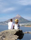 view from The Rock viewpoint in Cape Town over Campsbay, view over Camps Bay with fog over the ocean Royalty Free Stock Photo