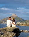 view from The Rock viewpoint in Cape Town over Campsbay, view over Camps Bay with fog over the ocean Royalty Free Stock Photo