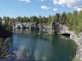 View of the rocks, the grotto and the emerald water of the Marble Canyon in the Ruskeala Mountain Park, which reflects the sky and Royalty Free Stock Photo