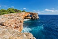 View on rocks with hole and deep blue sea.Mallorca Island, Spain Royalty Free Stock Photo