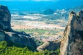 View of rocks, mauntain and greek valley with village. Meteora, Greece