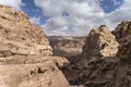 View of rocks in Petra, Jordan. Canyon between the rocks, bottom view. Nature of the middle East