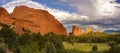 View of the rocky cliffs in the Garden of the Gods in Colorado Springs on a sunrise Royalty Free Stock Photo