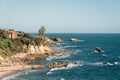 View of rocky coast in Corona del Mar, Newport Beach, California