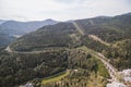 View from the rocky peak of Polleroswand of the Kalte Rinne railway viaduct and the railway cut into the mountainside, which