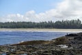 A view of the rocky shores and tidal pools near Tow Hill, with ocean and the sandy North Beach and Rose Spit in the background