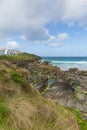 View of rocky south Fistral beach Newquay North Cornwall UK Royalty Free Stock Photo