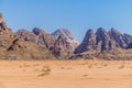 A view of the rocky wind eroded landscape in Wadi Rum, Jordan