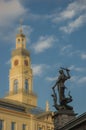 A view of the roland statue against slightly blurred tower f rig