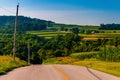 View of rolling hills and farms from a country road in York County, Pennsylvania.