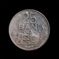 View of a Romanian twenty five Bani isolated on a black background