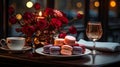 A view of a romantic table in a restaurant with bright red decorative elements and delicate sn