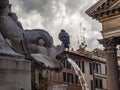 View of Rome, Italy. Detail of Pantheon Fountain with pigeon. Royalty Free Stock Photo