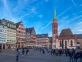 View of Romerberg and Old St Nicholas Church in medieval old town in Frankfurt