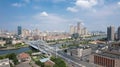 view from a roof on the top floor looking at a highway and city Royalty Free Stock Photo