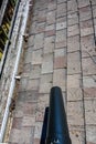 View from rooftop of leaf blower tube, asphalt roof shingles and gutter with tree debris, blowing debris off roof