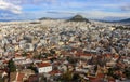 View of the rooftops of Athens with their interesting patios and roof gardens looking north over Thiseio toward Mount Lycabettus p Royalty Free Stock Photo