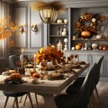 View of a room with an elegantly set table for a Thanksgiving feast. Pumpkin as a dish of thanksgiving for the harvest