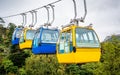 View of ropeway with 4 blue and yellow fixed grip cable car