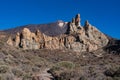 View of Roques de GarcÃÂ­a unique rock formation with famous Pico del Teide mountain volcano summit in the background on a sunrise Royalty Free Stock Photo