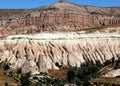 View of the Rose Valley with cone-shaped mountains between the towns of Goreme and Cavusin in Cappadocia Royalty Free Stock Photo