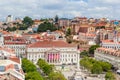 Rossio Square, the Column of Pedro IV, the Queen Maria II National Theatre, fountain and the orange rooftops from Royalty Free Stock Photo