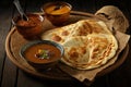 View of roti canai and chicken curry. Roti Canai and chicken curry is a great meal to share with friends and family, as it can