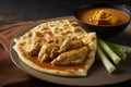 View of roti canai and chicken curry. Roti Canai and chicken curry is a great meal to share with friends and family, as it can