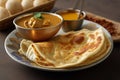 View of roti canai and chicken curry. Roti Canai and chicken curry is a great meal to share with friends and family, as it can