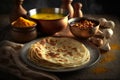 View of roti canai and chicken curry. Roti Canai and chicken curry is a great meal to share with friends and family, as it can