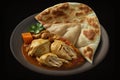 View of roti canai and chicken curry. Roti Canai and chicken curry is a great meal to share with friends and family, as it can