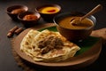 View of roti canai and lamb curry. The combination of the warm and crispy roti canai with the spicy and creamy lamb curry creates