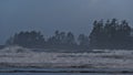 Rough Pacific Ocean on the coast of Long Beach with waves and the silhouettes of trees near Tofino on Vancouver Island, Canada. Royalty Free Stock Photo