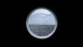 View from round deck window to sea. Clip. Beautiful seascape with mountain coast on horizon from round window. Sea Royalty Free Stock Photo