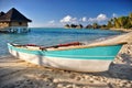 View of rowboat on the beach in the South Pacific island of Bora Bora. Royalty Free Stock Photo