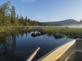 View from rowing boat on Fisherman man at lake Sjabatjakjaure in Beautiful sunny morning haze mist in Sweden Lapland nature. Royalty Free Stock Photo