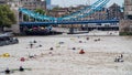 View of rowing boats on the river Thames at Tower bridge in London Royalty Free Stock Photo