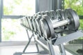 View of rows of dumbbells