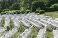 View of the rows of white chairs, placed in a semicircle, against a background of flowering shrubs Royalty Free Stock Photo