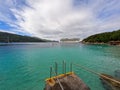 A view of Royal Caribbean Cruise ship from private beach area in Haiti Royalty Free Stock Photo