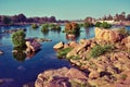 View of Royal cenotaphs of Orchha over Betwa river. Orchha Royalty Free Stock Photo