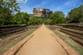 A view from the Royal Gardens from the western entrance looking towards Sigiriya Rock in Sri Lanka.