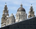 A View of the Royal Liver and Port of Liverpool Buildings Rising Above a Mann Island Building, England, GB, UK