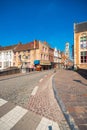 View from the Rozenhoedkaai in Brugge with the Perez de Malvenda house and Belfort van Brugge in the background, Belgium. Royalty Free Stock Photo