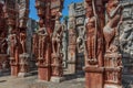 View of ruined sculptures of ancient woman greeting, roaring lion and horse on multiple pillars, Chennai, Tamilnadu, India, Jan 29