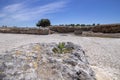 View of the ruins of the ancient city of Zippori, Israel. In the foreground is a lichen-covered stone block. Royalty Free Stock Photo